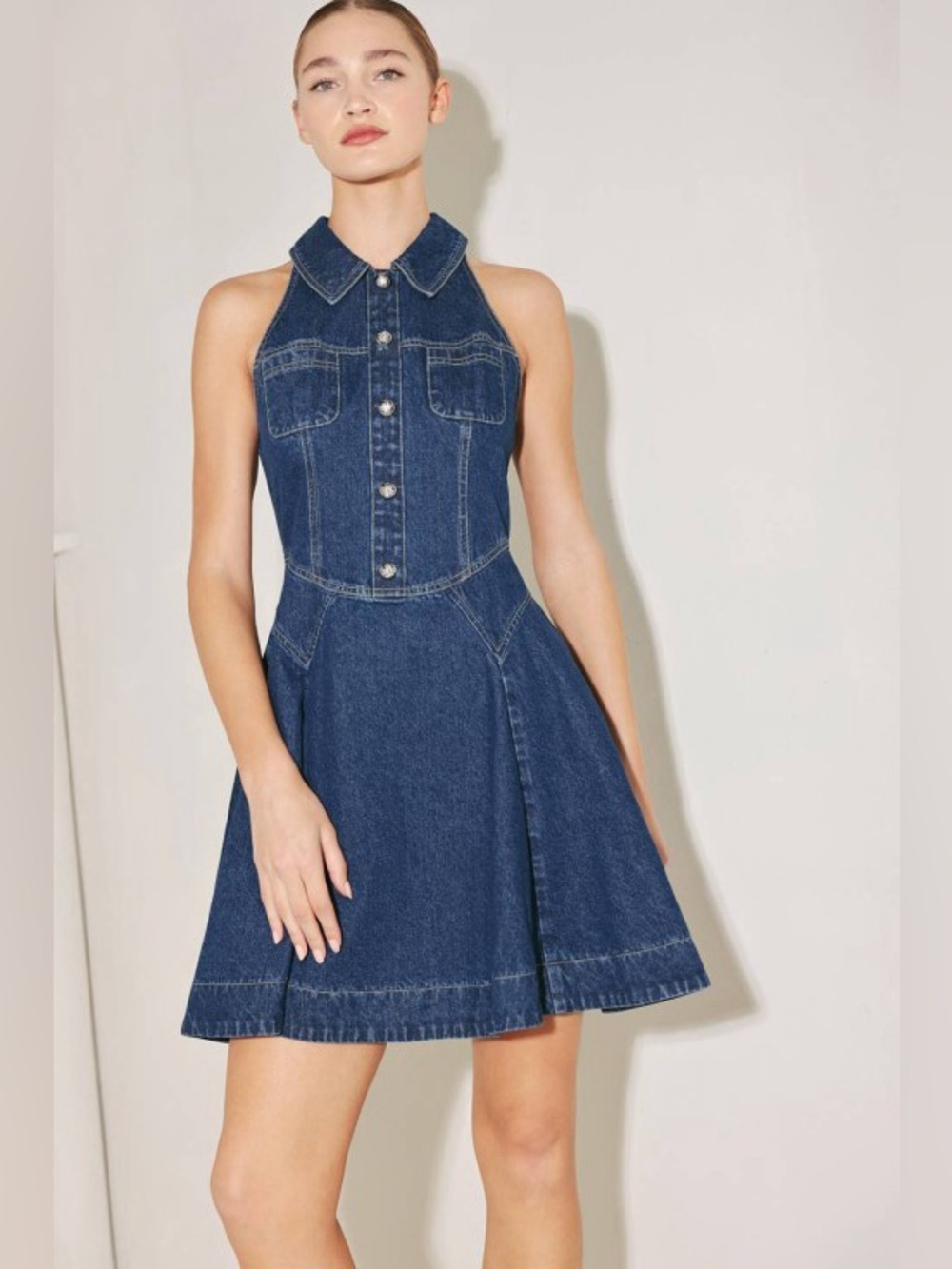 Denim Halter Mini Dress Button Front Fit & Flare A-Line Sleeveless L
